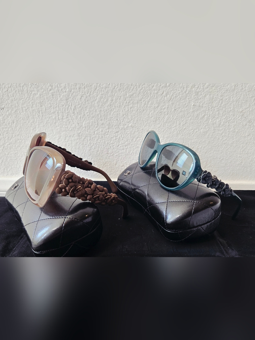 Chanel Camellia Flower Sunglasses — One Brown, One Teal